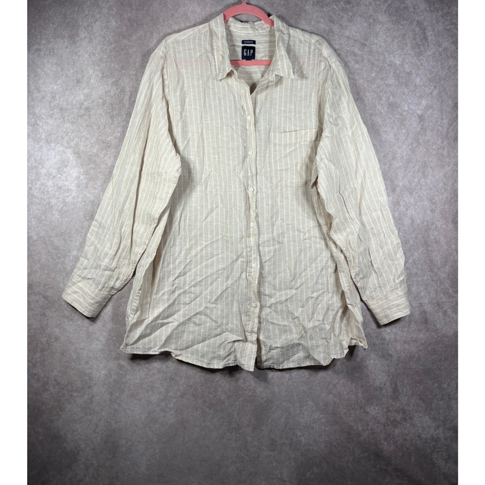 GAP Button Down Shirt Womens XXL Tan Boyfriend Shirt 100% Linen Striped LS Beach